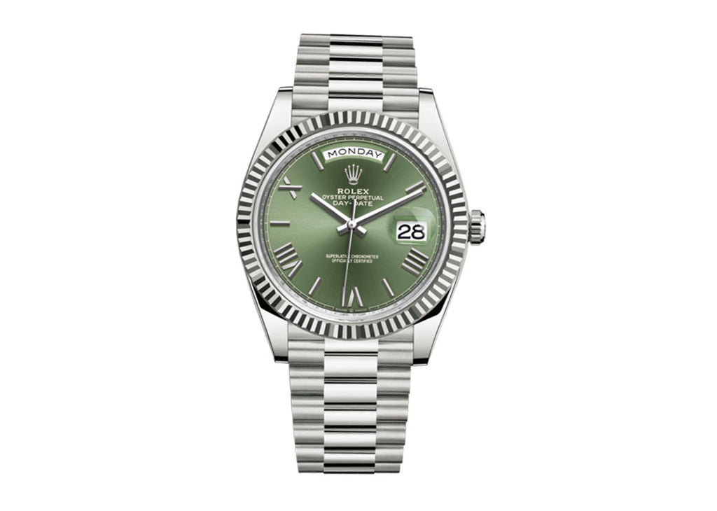 Rolex Day Date 40mm 228239 White Gold President Olive green Dial PrymTime Watches