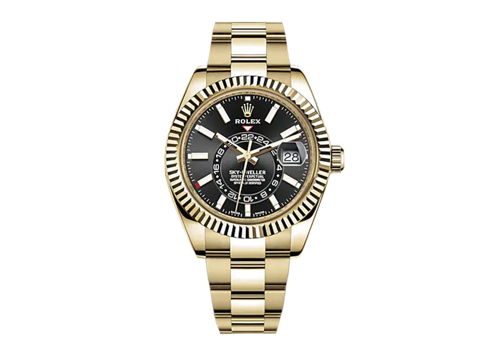 mikrofon flare kryds Rolex Sky-Dweller 42mm 3269388 Yellow Gold Oyster Bright Black Dial –  PrymTime Watches